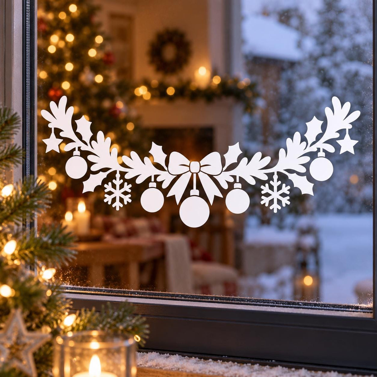 White Christmas window garland with a central ribbon bow, evergreen leaves and hanging snowflakes