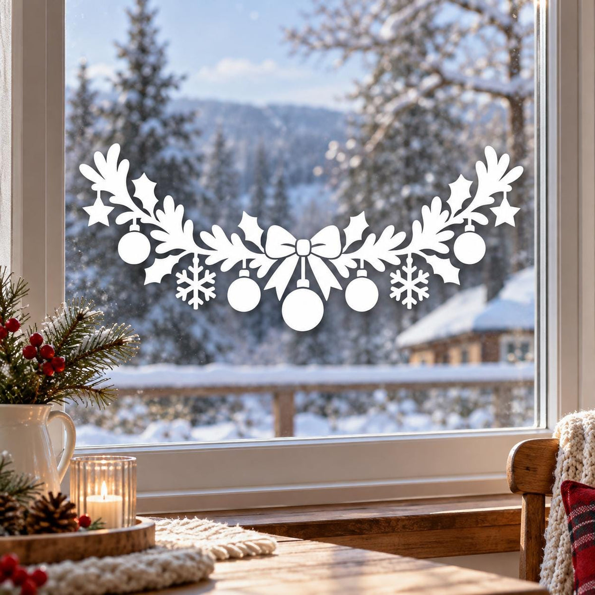Holiday window decal featuring a large bow with long ribbon tails, stars and festive baubles