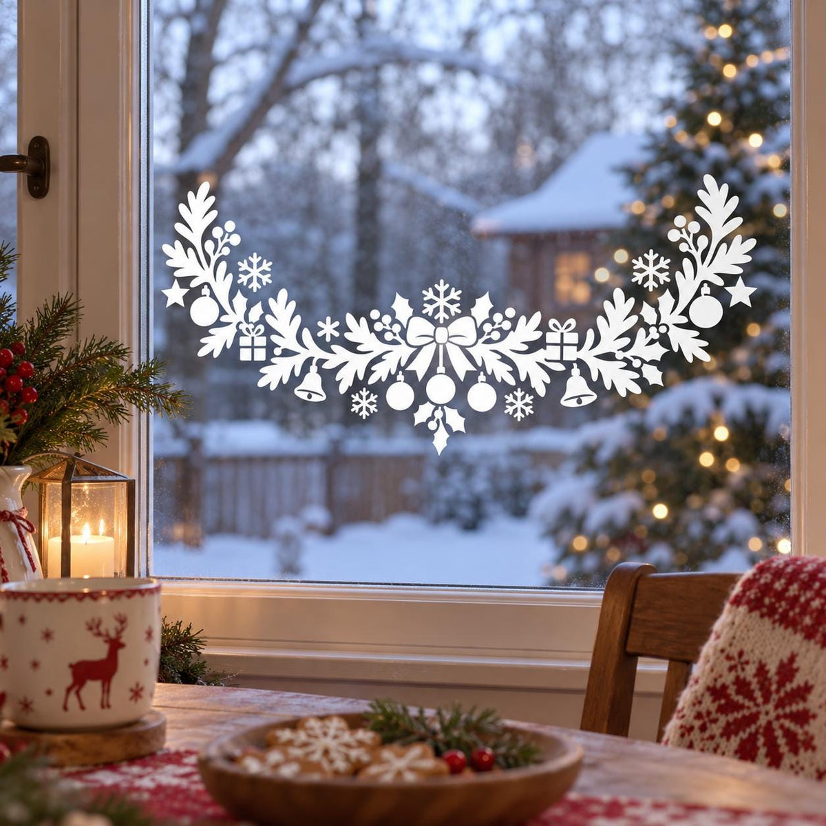 White botanical Christmas window garland with a central bow, gifts, bells and hanging ornaments