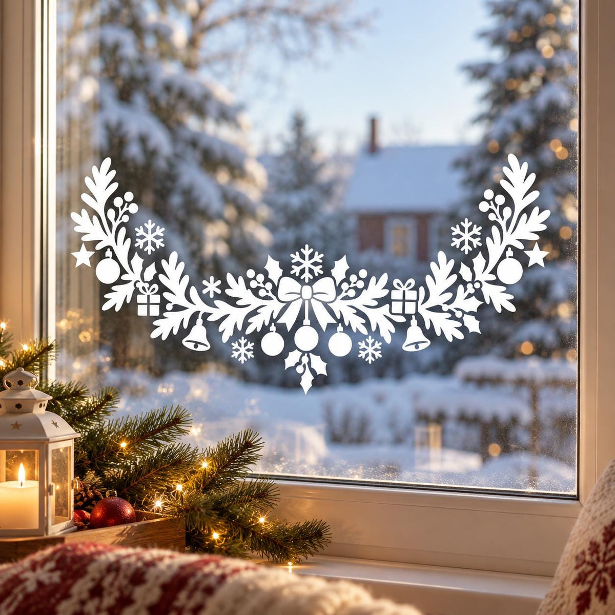 Holiday window sticker featuring a white bow over leafy branches and suspended Christmas gifts