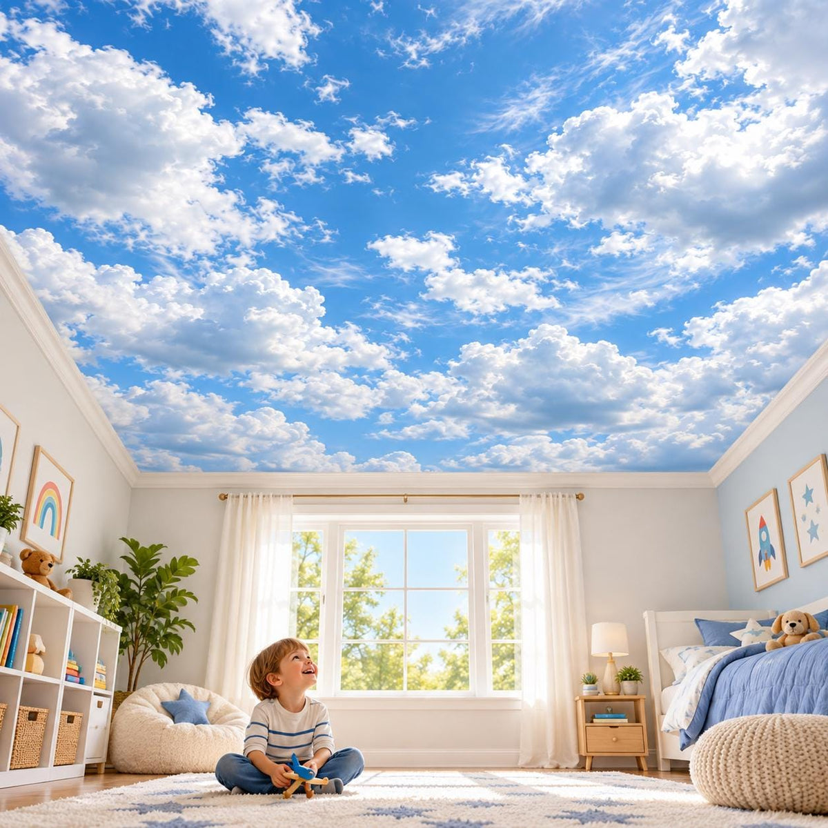 Blue and white ceiling wallpaper with detailed cumulus formations and open sky areas.