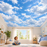 Blue and white ceiling wallpaper with detailed cumulus formations and open sky areas.