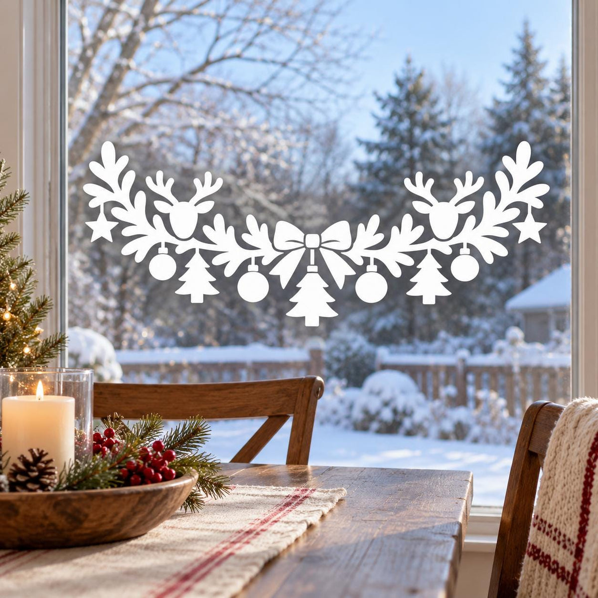 White Christmas window garland with two reindeer heads, a central ribbon bow and evergreen branches