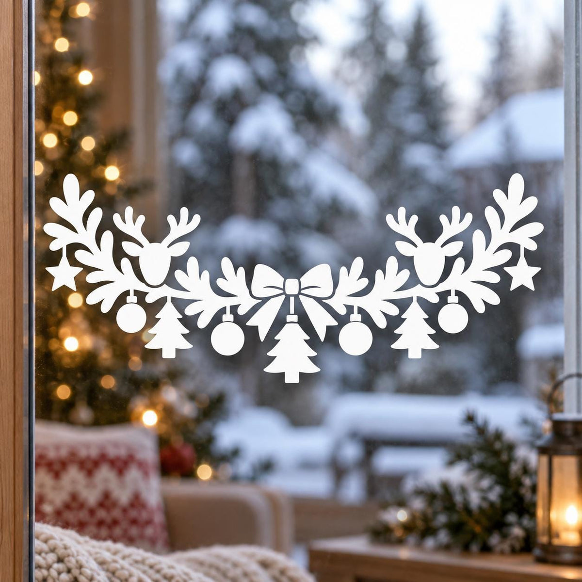 White Christmas window garland with two reindeer heads, a central bow, evergreen foliage, hanging ornaments, small trees and stars.