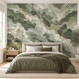 Printed camo wall mural featuring muted greens, contour lines, dots and distressed details.