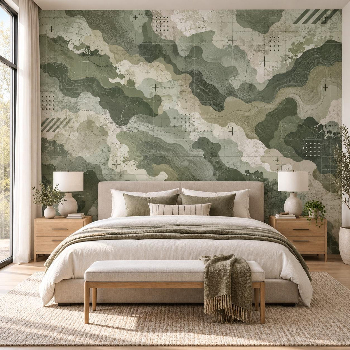 Abstract camouflage wallpaper with olive and sage green shapes and terrain contour lines.