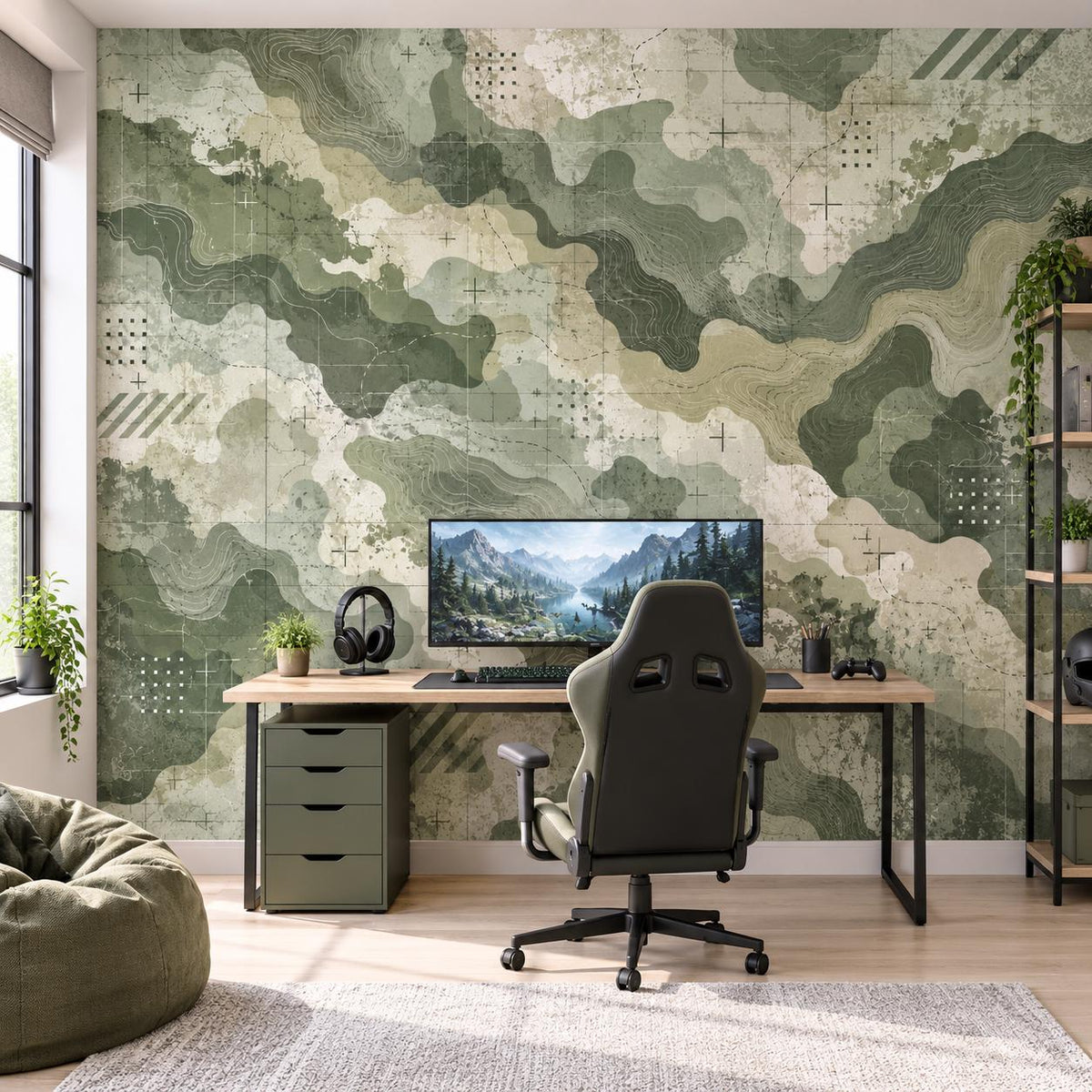 Modern camouflage pattern with forest green shapes, pale details and geographic contour markings.
