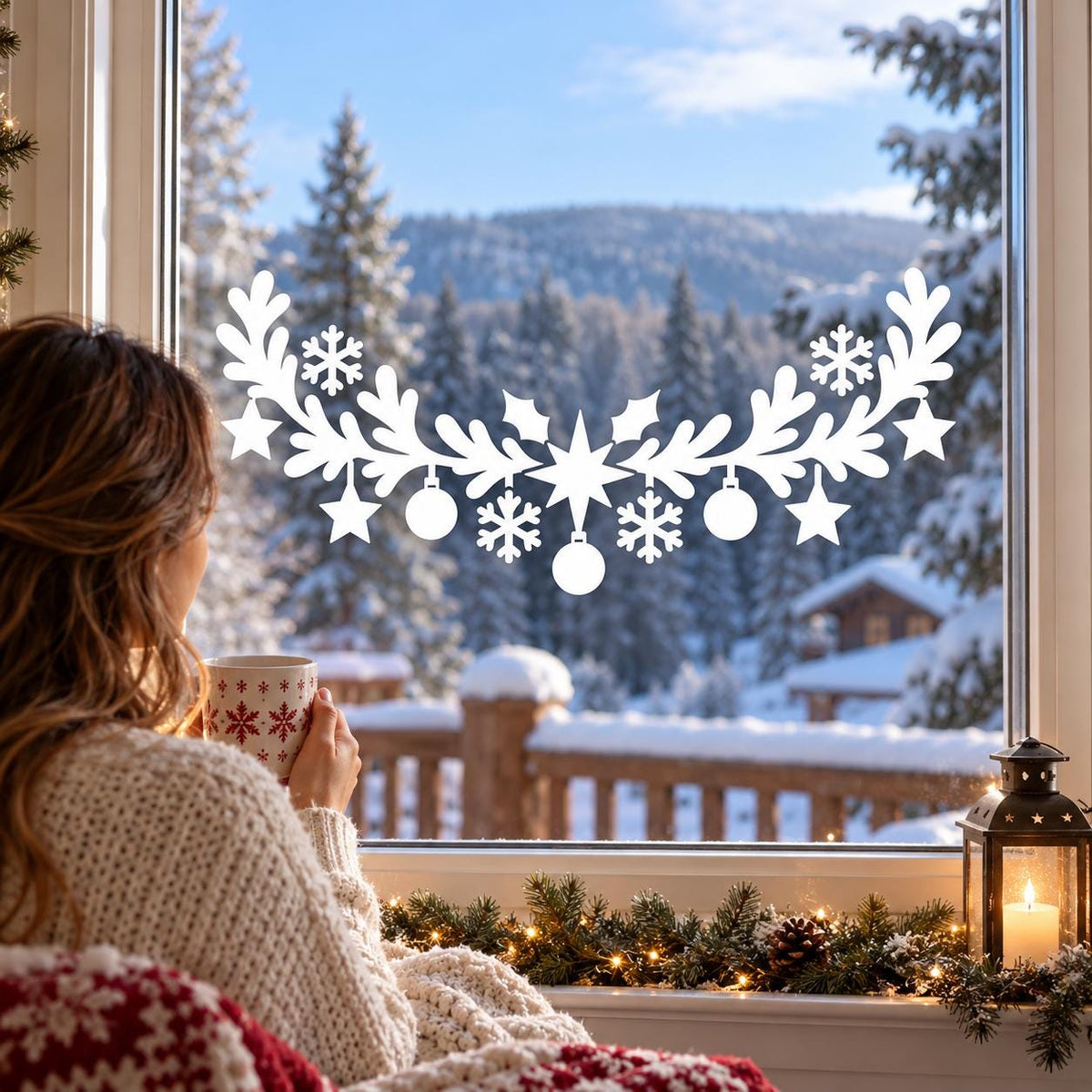 Festive white vinyl window garland with hanging stars, baubles and winter snowflake shapes
