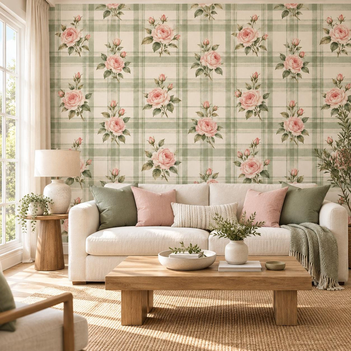 Pink floral wallpaper featuring rose blossoms and leaves across a pale cream plaid design.