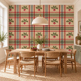 Radish plaid wallpaper with red vegetables, green leaves and red, green and blue gray stripes on a warm tan background.