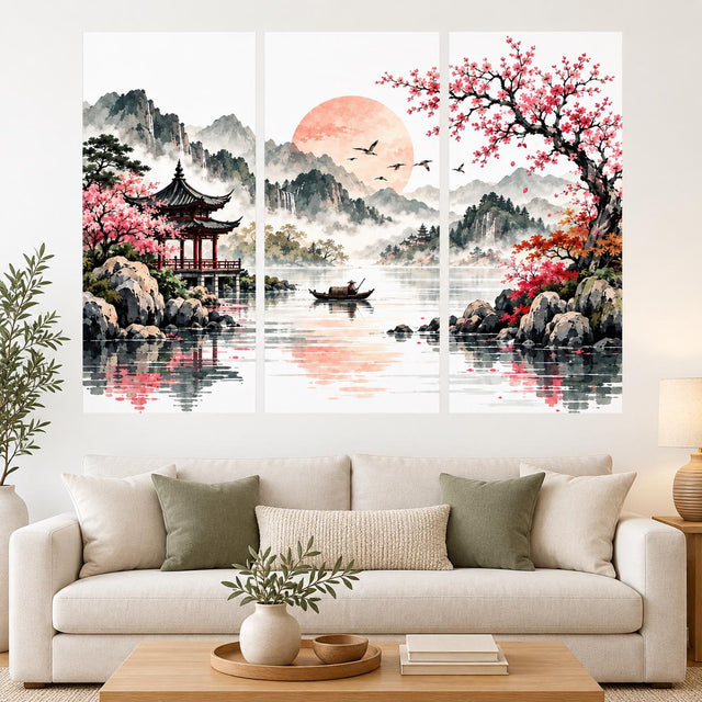 Three section Asian landscape wall decal with misty mountains, a peach sun, a lake, a boat, a red pavilion and pink blossoms.