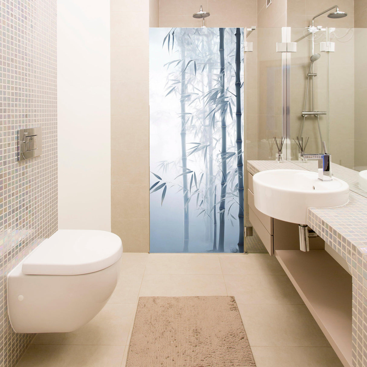 Tranquil bamboo forest shower door decal featuring misty reeds for bathroom privacy.