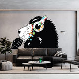 Contemporary lion DJ wall decal featuring colorful headphones on a sleek living room wall.
