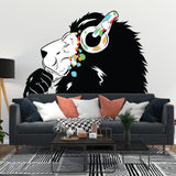 Contemporary lion DJ wall decal featuring colorful headphones, adding artistic flair to modern living space.