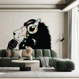 Contemporary lion DJ wall decal with headphones in a stylish living room setting.