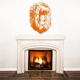 Orange roaring lion head wall sticker displayed above a fireplace.