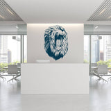 Roaring lion head wall sticker displayed in a modern office reception area.