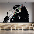 Stylish lion wall sticker with headphones in a modern cafe setting.