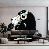 Lion wall sticker with headphones, colorful graffiti style.