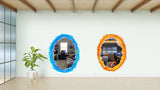Blue and orange portal aura wall stickers on a light wall, enhancing game room decor with vibrant colors.