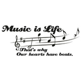 Vinyl wall decal with musical notes and inspirational quote 'Music is Life' for wall art.