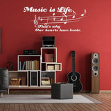 Vinyl wall decal featuring 'Music is Life' quote and musical notes.