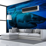 Large shark mural in modern living room, creating an immersive underwater sea life environment.