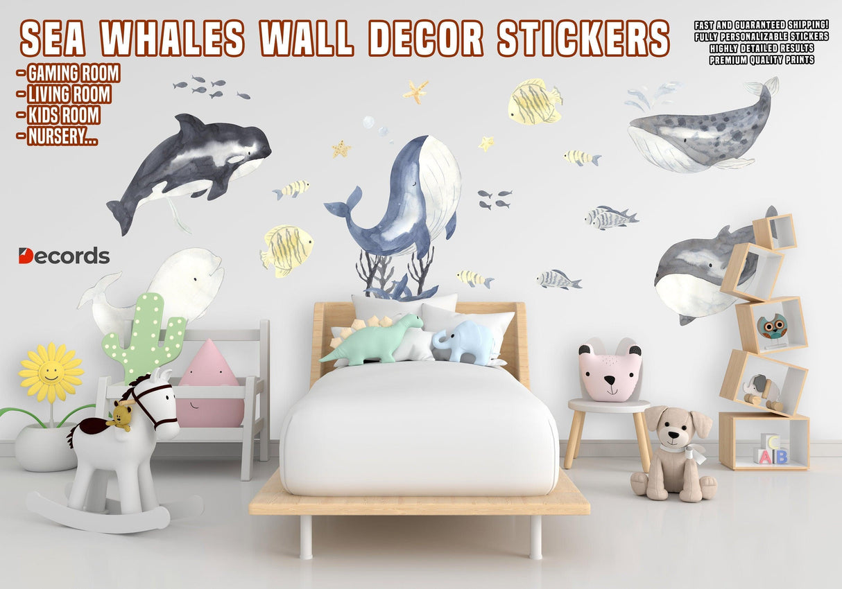 Ocean themed whale wall stickers for kids' room decor.