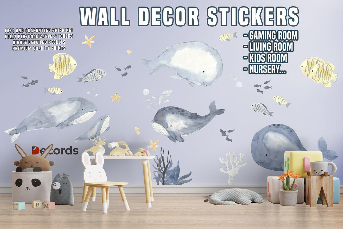 Undersea themed wall decal set with whales and fish.