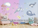 Undersea themed wall decal set featuring vibrant whale stickers for kids' rooms, suitable for both girls and boys.
