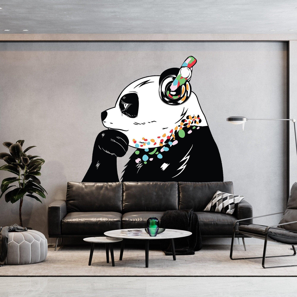Expressive panda wall decal with headphones.