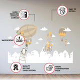 WhimsyLand wall decals featuring penguin, fox, and hot air balloons with installation instructions and benefits.