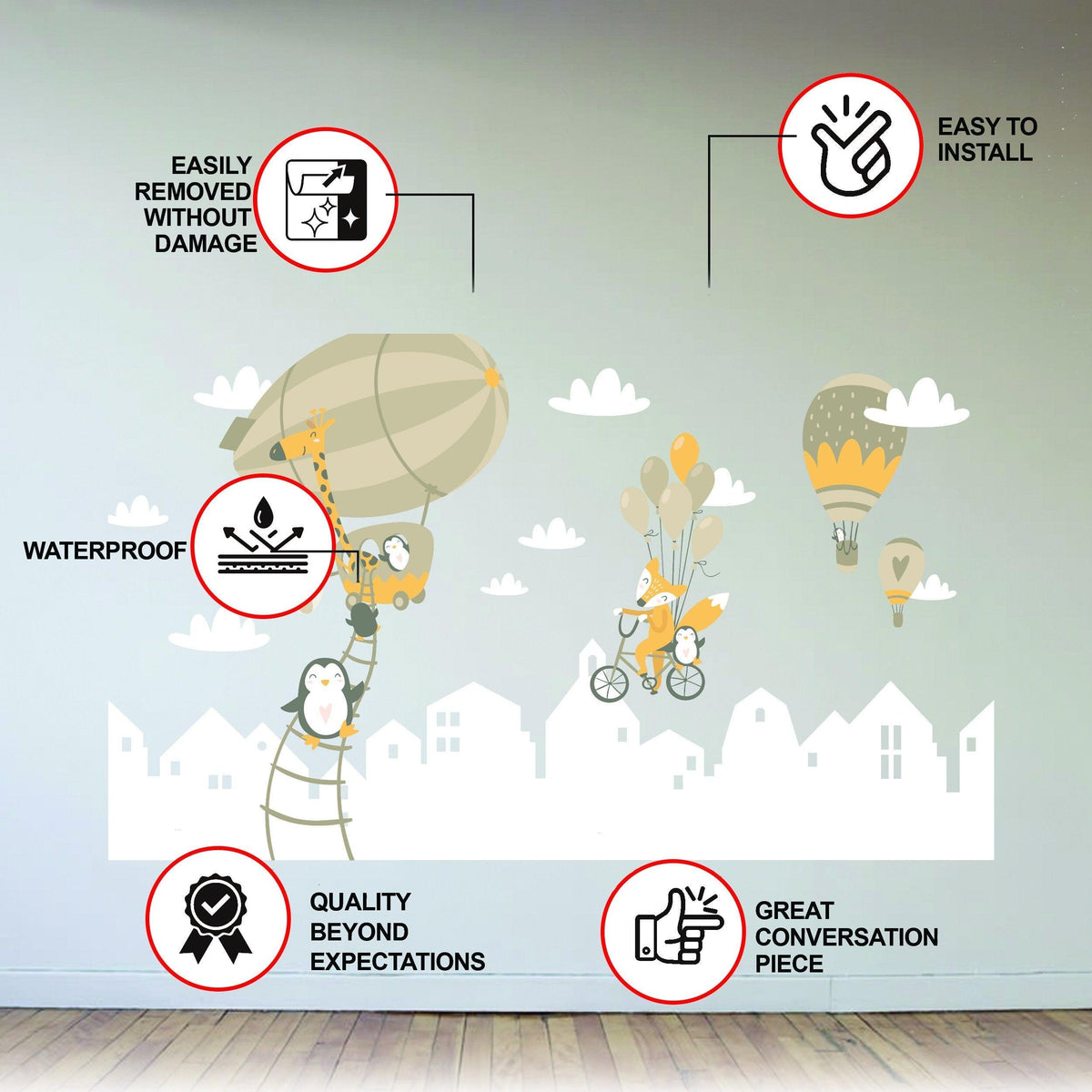 Product features graphic for the penguin, fox, and hot air balloon wall decals.