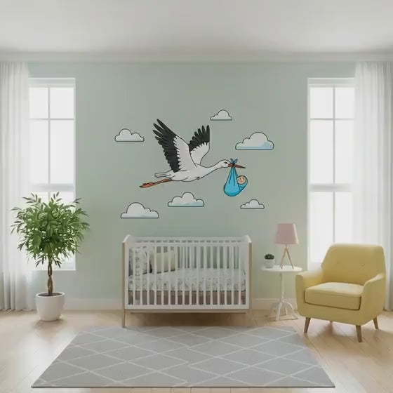 Stork delivering a baby boy nursery wall decal shown in a product video.