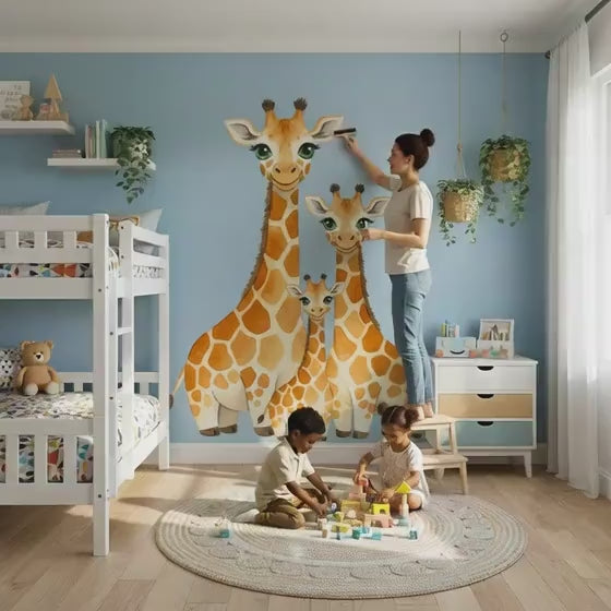 Watercolor giraffe family wall decal shown in a product video.
