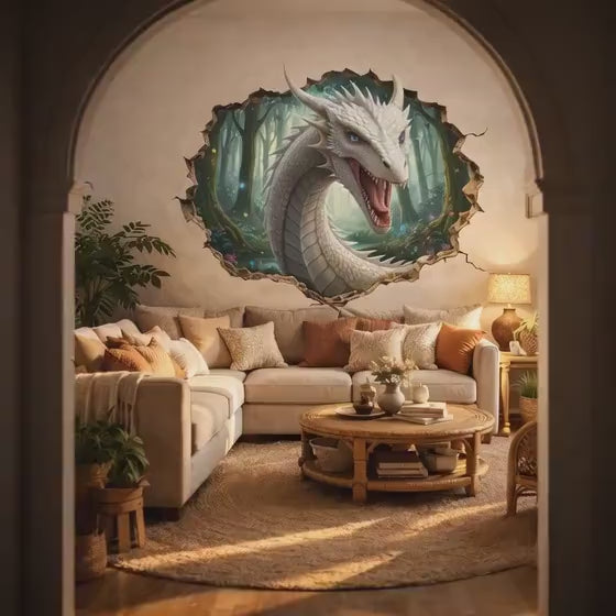 White dragon head wall decal shown in a product video.