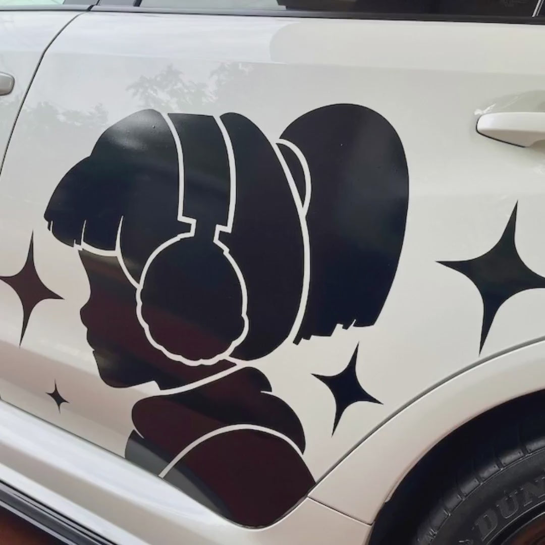 Custom personalized vinyl sticker shown on a vehicle.