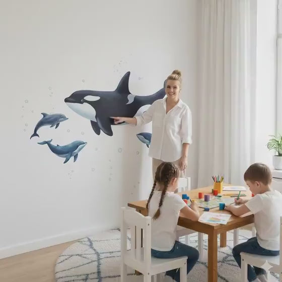 Whale, orca and dolphin nursery wall decal set shown in a product video.