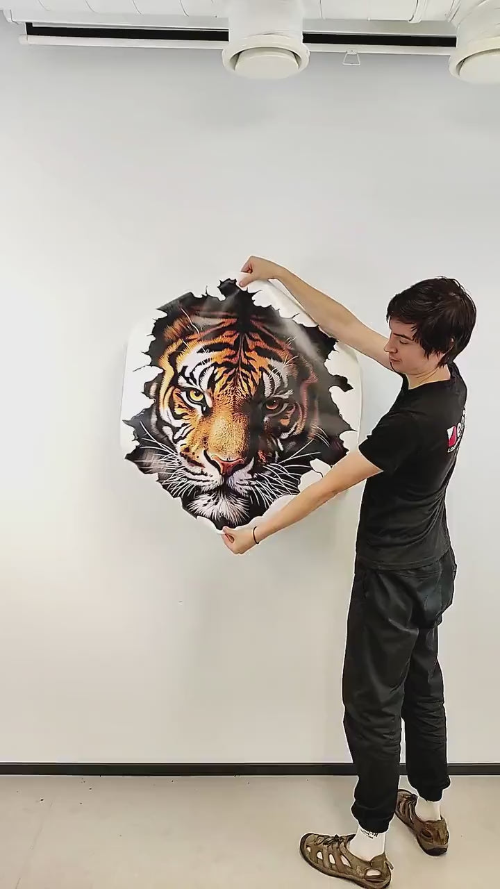 3D tiger face wall decal shown in a product video.