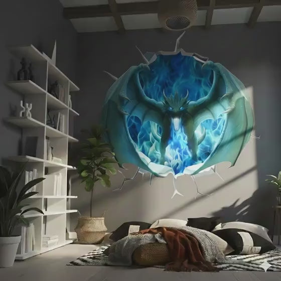 Green dragon wall decal with blue fire portal shown in a product video.