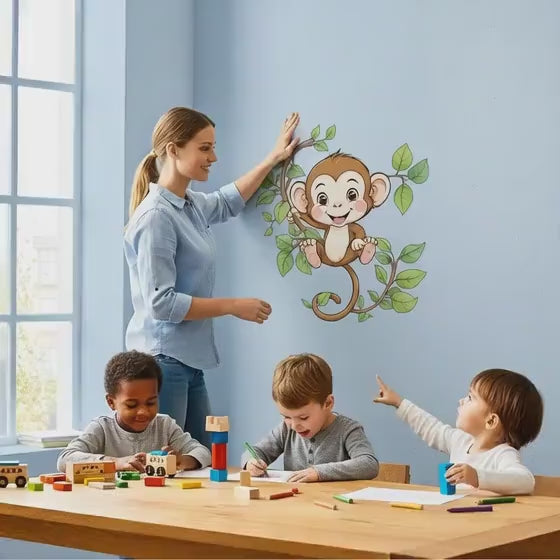 Cute monkey wall decal shown in a product video.