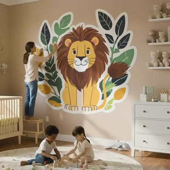 Friendly lion nursery wall decal shown in a product video.