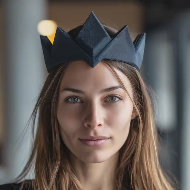 3D printed geometric fantasy crown headpiece shown in a product video.