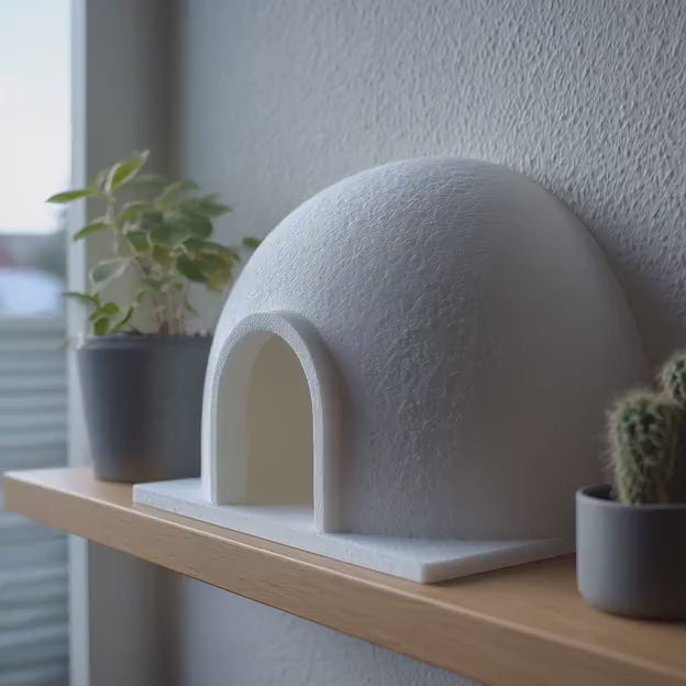 3D printed minimalist igloo dome decor shown in a product video.