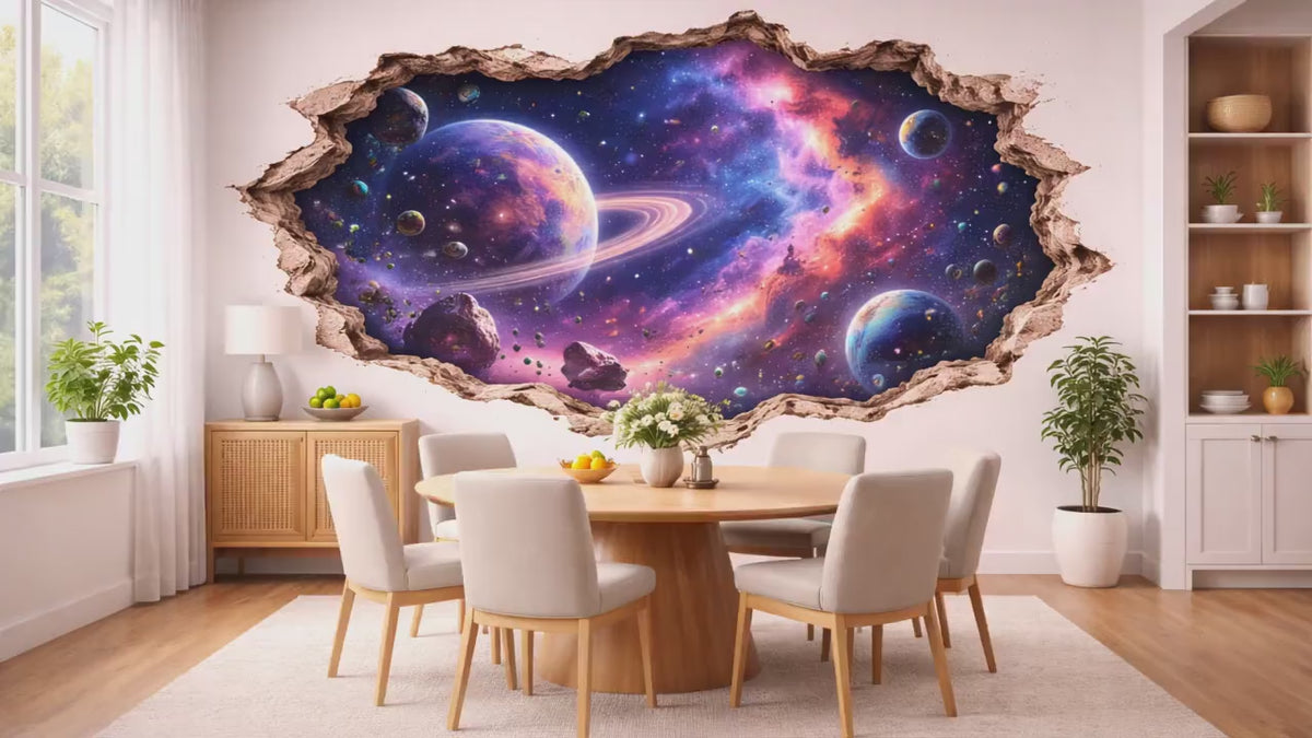 3D space galaxy wall decal shown in a product video.