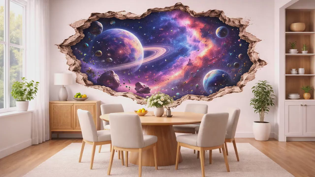 3D space galaxy wall decal shown in a product video.
