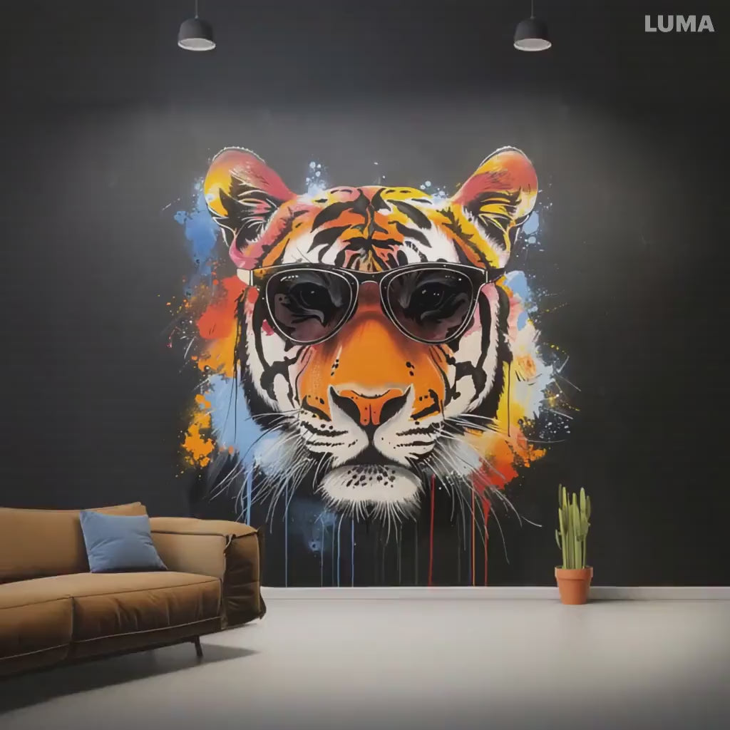 Graffiti tiger wall sticker with sunglasses shown in a product video.