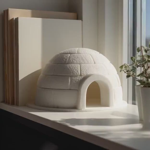 3D printed textured igloo shelf decor shown in a product video.