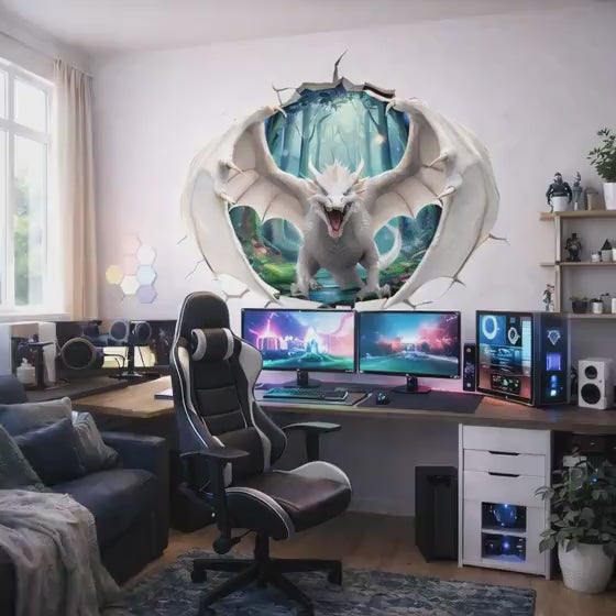 White winged dragon wall decal shown in a product video.