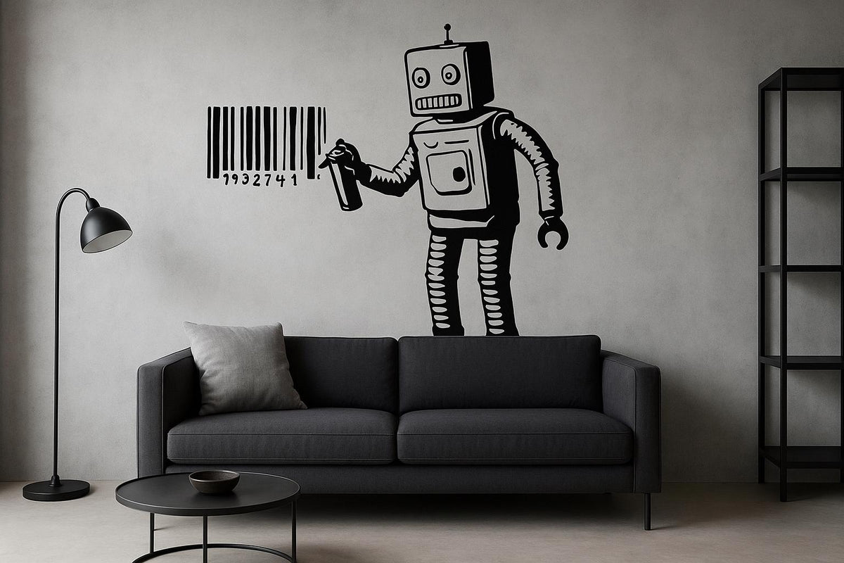 Black vinyl robot barcode wall decal on a gray wall above a modern sofa in an industrial style room.